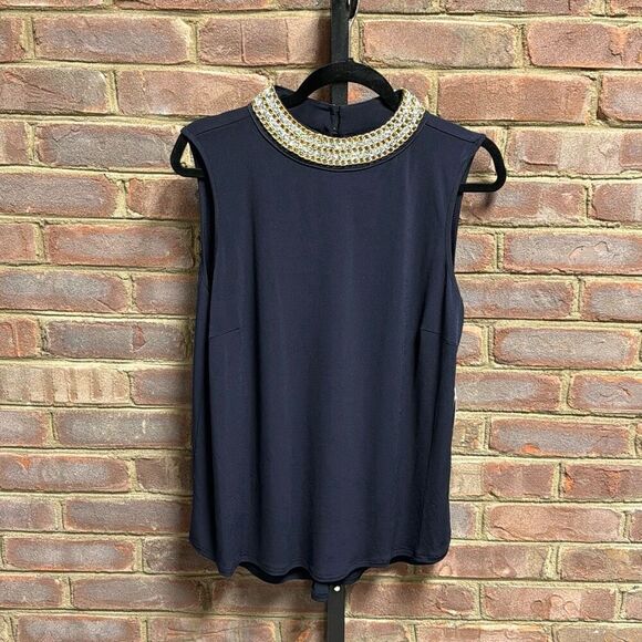 Moa Moa Women’s Navy Sleeveless Jeweled Neck Blouse Size XL NEW - Picture 2 of 7